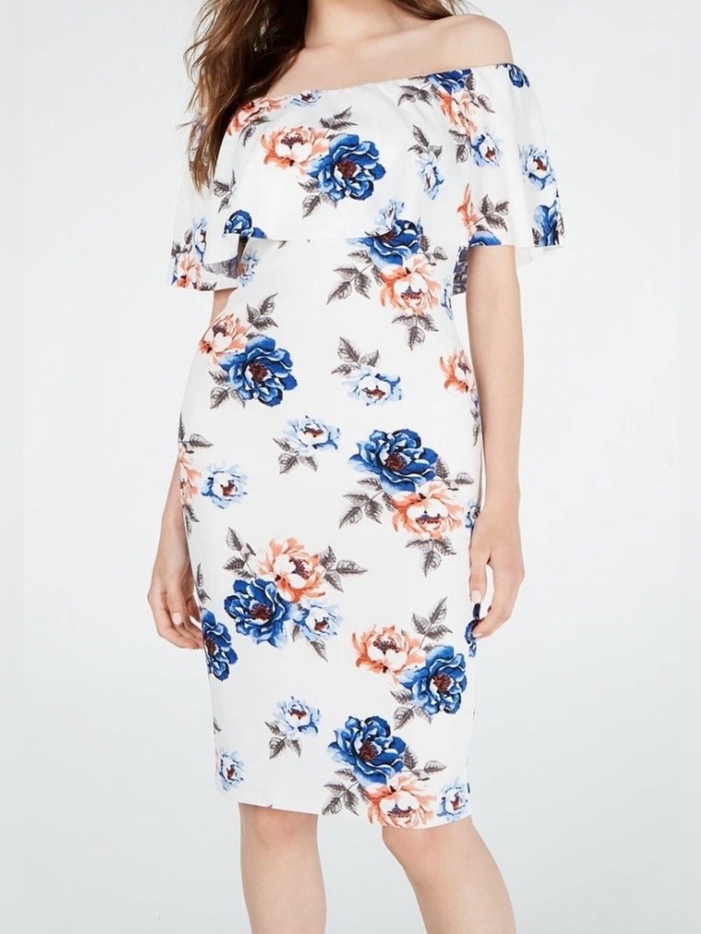 Crave Fame Off-Shoulder Floral Sheath Dress in White with Blue & Peach Blooms